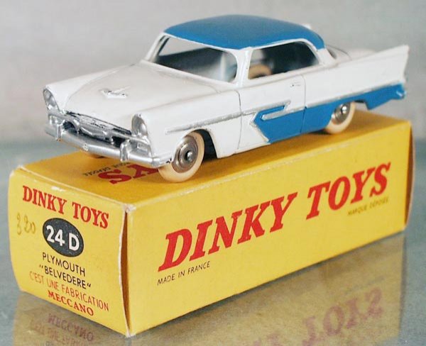 FRENCH DINKY 24D PLYMOUTH BELVEDERE: white & blue, orig box, C7.