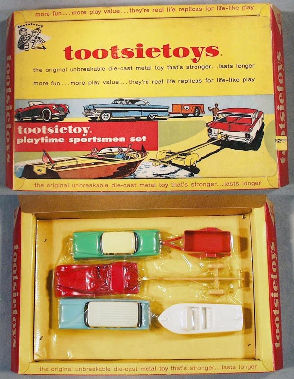 TOOTSIETOY 4250 PLAYTIME SPORTSMAN SET: contains Packard Sedan, green & cream w/orange Trailer; MGTF, red w/yellow Trailer & brown & white Boat; Ford Station Wagon, 2-tone blue, all are sealed on orig insert, orig set box minor wear, C10.