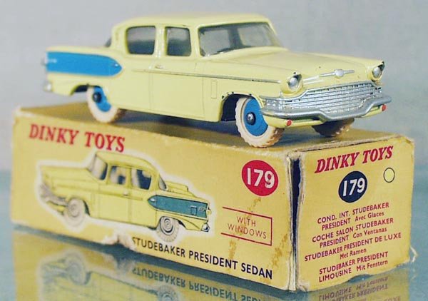 DINKY 179 STUDEBAKER PRESIDENT SEDAN: yellow & blue, numbers painted onto base, orig box rough, C6-7.