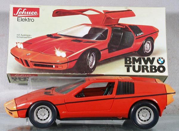 SCHUCO 351 226 BMW TURBO ELEKTRO: plastic, battery operated, 3 glue spots on roof, orig box minor wear, C6.