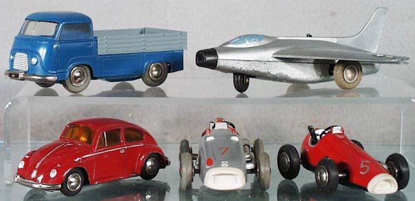 5 SCHUCO MICRO RACERS: 1049 Ford Truck, 1032 Super Sabre, 1046 VW, 4043 Mercedes F1, 1040 Ferrari F1, all are die cast, windups working, orig issues - not reproductions, C4-6.