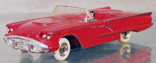 FRENCH DINKY 555 FORD THUNDERBIRD CONVERTIBLE: South Africa, red, windshield cracked, missing steering wheel, worn, C4.