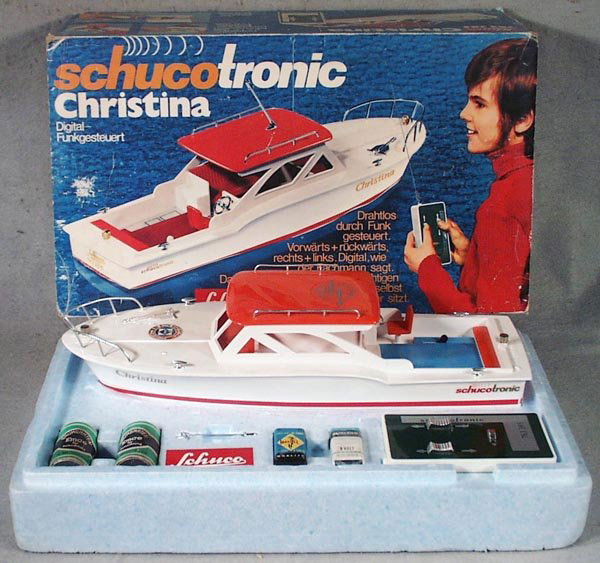SCHUCO 763 385 CHRISTINA YACHT: plastic, remote controlled, 15 1/2 in long, w/worn orig sleeve, C8.