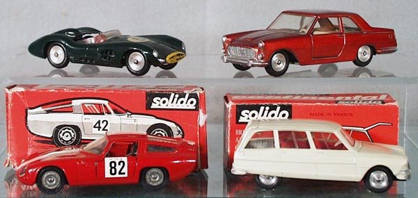 4 SOLIDO AUTOS: 130 Aston Martin, missing driver, 121 Lancia, 148 Alfa Romeo, 141 Citroen, 2 orig boxes only, boxes worn, C6-8.