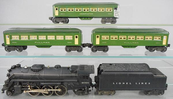 LIONEL TRAIN SET: O ga, 2026 loco, 6466WX tender, 2 #6440 Pullmans, 6441 obsv, orig boxes & inserts, 2 car boxes are incom, C8.