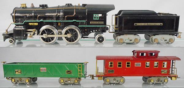 AMERICAN FLYER 1475 MONROE TRAIN SET: std ga, 4672 loco set, 4670 cast iron loco rewheeled, new pick up plate, 4671 tender, 4017 sand car, green, 1 brass plate oxidized, 4011 caboose, red, orig boxes minor wear, orig set box worn, C7-8.
