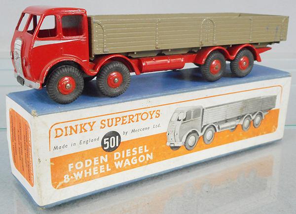DINKY 501 FODEN DIESEL 8-WHEEL WAGON: red & gray w/red hubs & silver flash, orig box minor wear, C7.