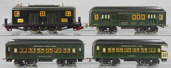 AMERICAN FLYER 7038 TRAIN SET: std ga, litho tin, 4000 loco, rewheeled, 4040 baggage, 4041 Pleasant View coach, 4042 American obsv, set is dark green, orig boxes minor wear, orig set box worn, C7.