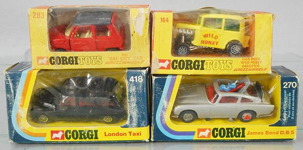 4 CORGI VEHICLES: 283 DAF City Car, 164 Wild Honey Dragster, 418 London Taxi, 270 James Bond Aston Martin, working, orig boxes & inserts worn, C8.
