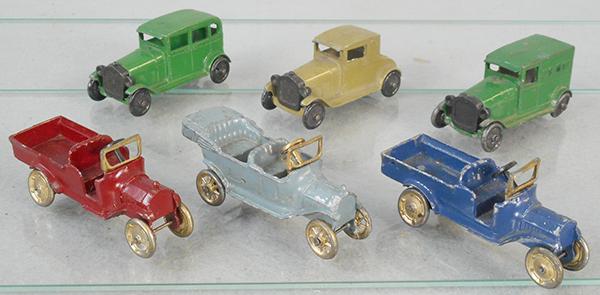 6 TOOTSIETOY FORDS: 6665 in green, 4665 in tan, US Mail, green, 4610 in maroon, 4610 in blue, 4570 in gray, C5-7.