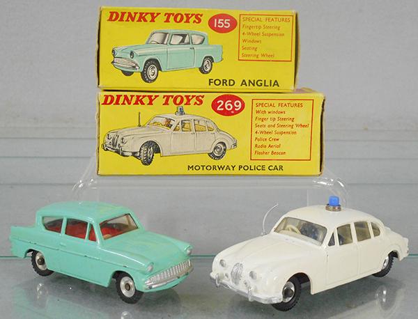 2 DINKY AUTOS: 155 Ford Anglia, turquoise, 269 Jaguar Police Car, white paint cracking, orig boxes minor wear, C8.