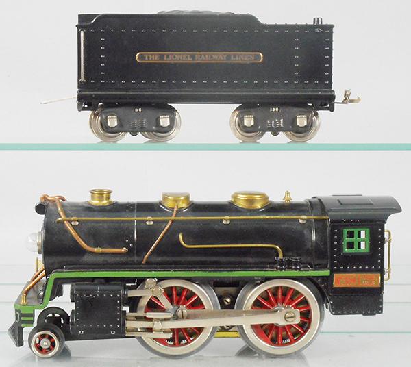 LIONEL 384E LOCO & TENDER: std ga, 384E loco, 1 wheel fatigued, 385W tender, C8.