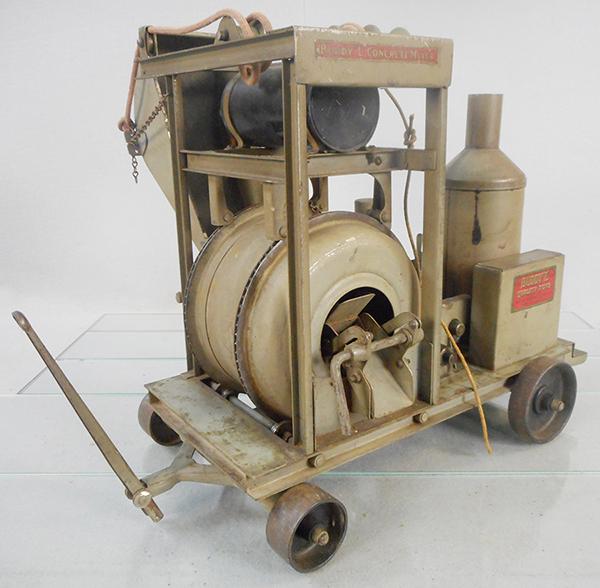 BUDDY L 280 CONCRETE MIXER: painted pressed steel, 18 by 24 by 13 in, barrel spins, some surface oxidation, decals intact, C6.