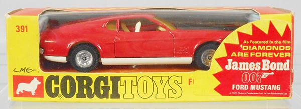 CORGI 391 JAMES BOND MUSTANG MACH 1: paint mottled on roof of car, orig box & insert minor wear, C8.