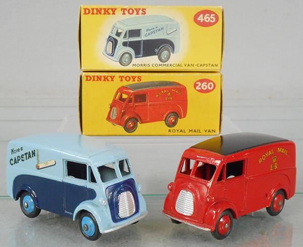 2 DINKY MORRIS VANS: 465 Capstan, 2-tone blue, 260 Royal Mail, red & black, orig boxes minor wear, C8-9.
