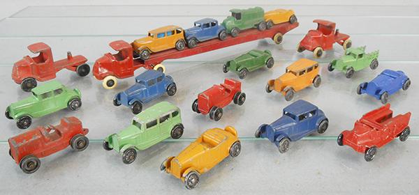 TOOTSIETOY AUTO TRANSPORT: 190X Auto Transport set w/4 cars, 2 extra Mack Tractors, 8 extra Buicks, 1 is repainted, 2 Mack Trucks, 2 Tractors, missing treads, C4-6.