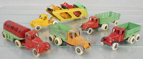 5 TOOTSIETOY MACK TRUCKS: 802 Domaco, 2 #804 Coal Truck, 1 has replaced tires, 801 Express, trailer restored, 187 Car Carrier, trailer restored, C4-5.