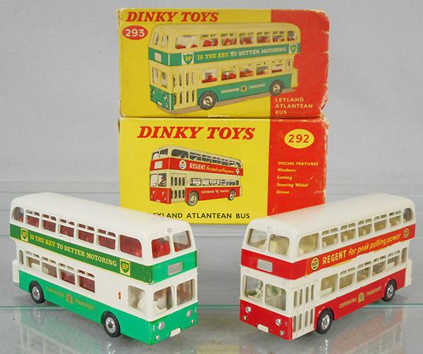 2 DINKY LEYLAND ATLANTEAN BUSES: 293 BP, green & white, orig box missing 1 end, 292 Regent, red & white, minor decal curling at body seam, orig box minor wear, C8.