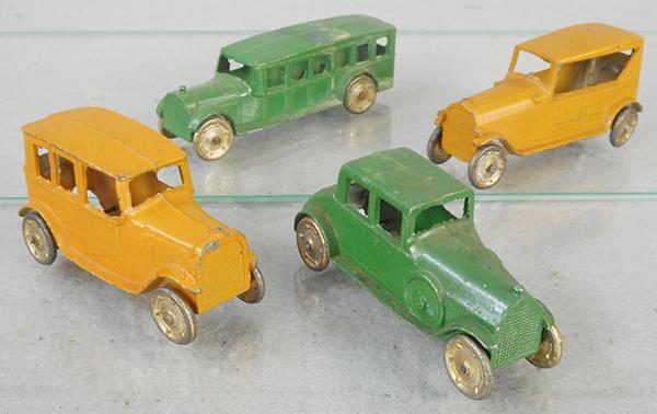 4 TOOTSIETOY AUTOS: 4629 Cab, yellow, 4641 Touring Car, yellow, 4651 Fageol Bus, green, 4636 Coupe, green, C5-6.