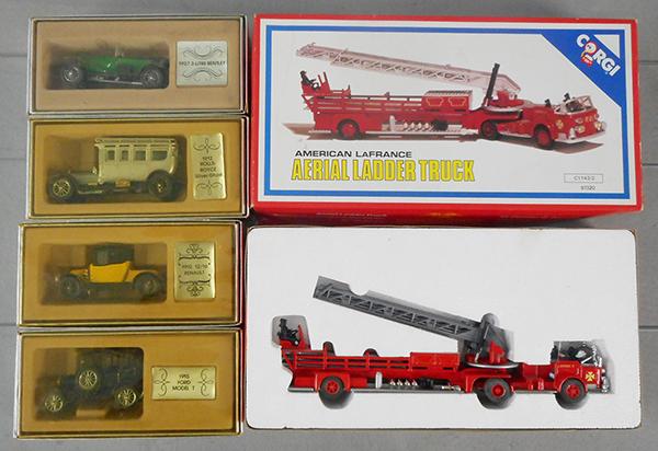 5 CORGI VEHICLES: C861 Bentley, C860 Rolls Royce, C862 Renault, C863 Ford, 97320 Aerial Ladder Truck, orig boxes & inserts minor wear, C8-9.