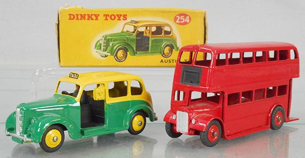 2 DINKY VEHICLES: 254 Austin Taxi, yellow & green, orig box has correct color dot, 290 Leyland Bus, red w/red plastic hubs, C8.