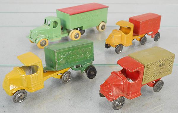 4 TOOTSIETOY MACK TRUCKS: 803 Moving Van, restored, 4670 Mack Set w/extra restored cab, 4645 US Mail, C5-8.