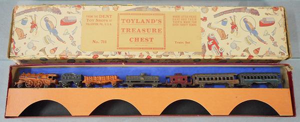 DENT 711 TRAIN SET: painted cast iron, 7-piece set, no broken parts, orig box & insert worn, 1 loose end, C4-6.