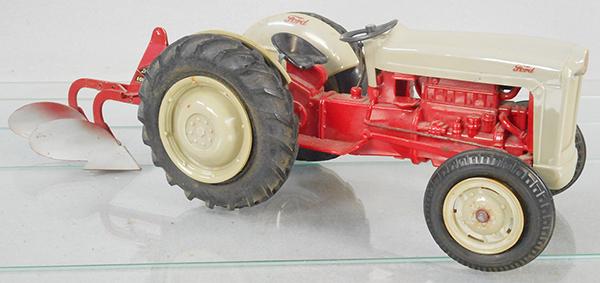 PMC FORDSON TRACTOR PROMO: plastic, red & gray, 9 1/2 in long, w/metal Dearborn Equipment plow, C5-6.