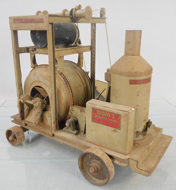 BUDDY L 280 CONCRETE MIXER: painted pressed steel, 18 by 24 by 13, barrel spins, some surface oxidation, decals intact, C5.