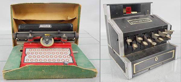 2 AMERICAN FLYER TOYS: painted pressed steel, 580 Cash Register, 9 in tall, working, w/fun money paper bills, 575 Typewriter, 11 in wide, working, in worn imitation alligator cardboard box, C7-8.