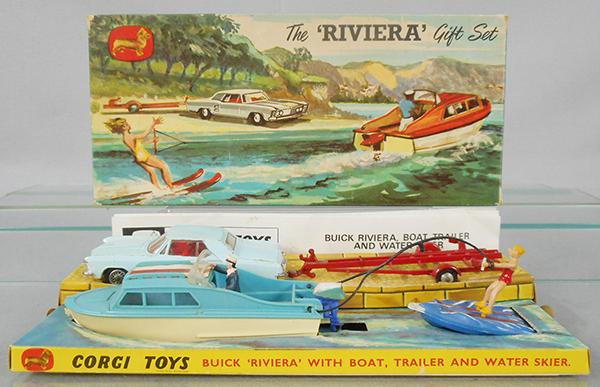 CORGI 31 RIVIERA GIFT SET: blue Riviera, w/paint chips, trailer, boat & instruction sheet, orig box & insert minor wear, C6-7.