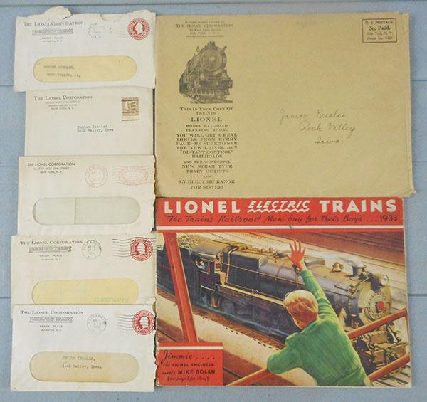 LIONEL PAPERWORK: 1933 catalog w/mailer, 5 letters from Lionel ca 1930-1932, clean, C7-8.