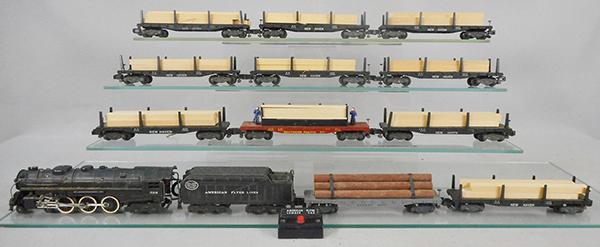 AMERICAN FLYER LUMBER TRAIN: S ga, 326 Hudson loco & tender, w/smoke & choo choo, 9 #928 lumber cars, 628 log car, 971 operating lumber car w/button, C6-8.