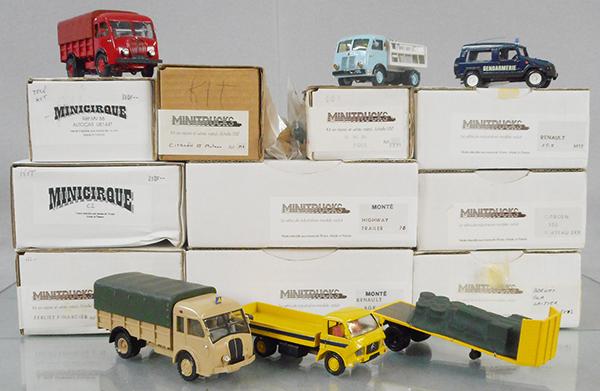 10 MINICIRQUE & MINITRUCKS RESIN VEHICLES: Minicirque Kits Auto Car, Tractor & Trailer, Mini Trucks 53 Berliet Pinardier, 55 Citroen Flat, w/Kits M11 Renault, 76 Trailer, EX9 Renault Flat, EX02 Berliet Milk, EX11 UMN Tole, M11 Renault, orig bo