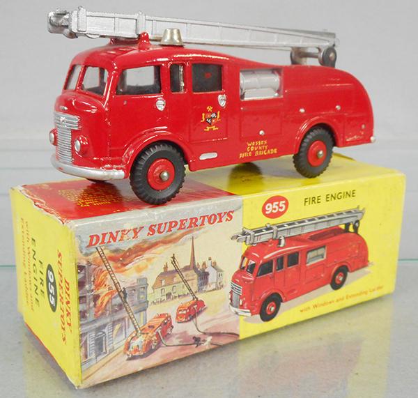 DINKY 955 FIRE ENGINE: red, w/added Wessex Country Fire Brigade lettering, ladder worn, orig box minor wear, C6-7.
