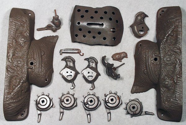 J&E STEVENS HEN & CHICKS PARTS: 15 unfinished cast iron parts, some surface oxidation, Good.