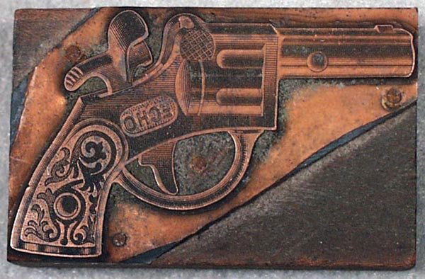 J&E STEVENS ECHO CAP GUN PRINTING BLOCK: etched copper on wood, 2 1/2 in by 1 5/8 in, Excellent.