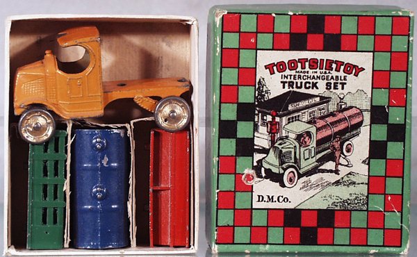 015: TOOTSIETOY 170 INTERCHANGEABLE TRUCK SET: Mack Truck has small dent in nose, w/3 bodies, orig box & insert minor wear, C5-7.