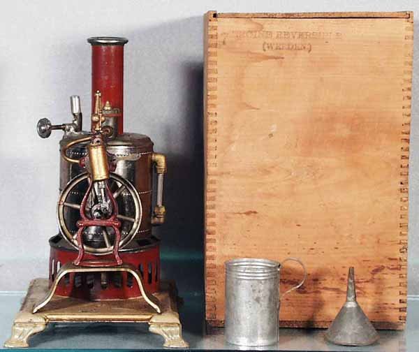 WEEDEN #7 REVERSIBLE STEAM ENGINE: 8 1/2 in tall, solder repair on whistle, complete w/burner, orig wooden box, C7.