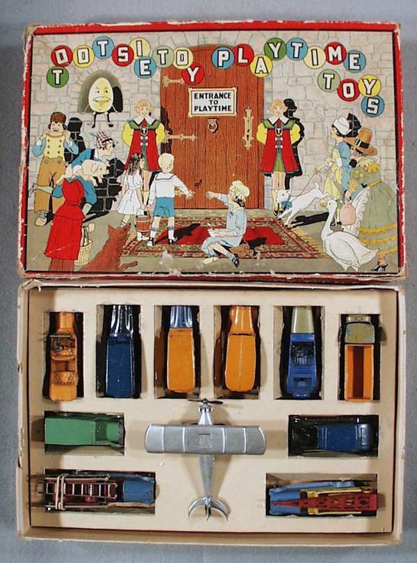 TOOTSIETOY 5031 PLAYTIME TOYS SET: contains 4570 Model T, 6004 Buick Sedan, 6003 Buick Brougham, 4629 Yellow Cab, 6101 Cadillac Roadster, 4639 Mack Coal Truck, Model A US Mail, 4660 Aerodawn, 6302 Oldsmobile Coupe, 4652 Ladder Truck, 4