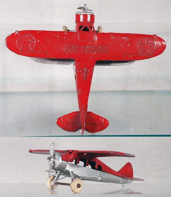 TOOTSIETOY 718 WACO DIVE BOMBER: red & silver, minor wing warp, 1 rubber tire flat, C5-6.