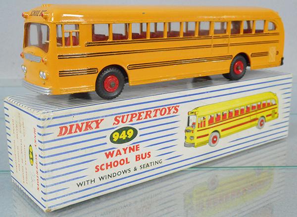 DINKY 949 WAYNE SCHOOL BUS: orange w/red plastic hubs, orig box minor wear, C7-8.
