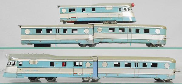 AMERICAN FLYER 992RT COMET TRAIN SET: O ga, blue & silver litho tin, electric loco & 3 coaches, 1 coach has paint wear on bottom of one side, trail car, w/unmarked orig set box, C6-7.