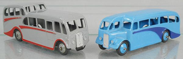 2 DINKY BUSES: 29F Observation Bus, gray & red, 29E Single Deck Bus, 2-tone blue, C7-8.