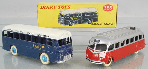 2 DINKY BUSES: 283 BOAC Coach, orig box, 29E Isobloc Coach, red & silver, C7-8.