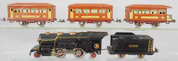 LIONEL TRAIN SET: O ga, 259 loco, 259T tender, 2 #529 Pullmans, 530 obsv, w/oxidation spots, C5-6.