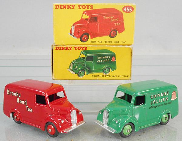 2 DINKY TROJAN VANS: 455 Brooke Bond Tea, 452 Chivers Jellies, orig boxes, 1 has tape, C8.