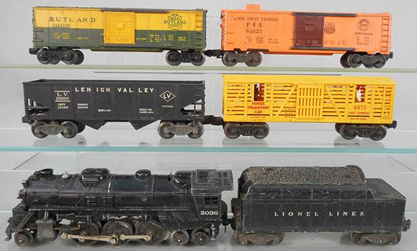 LIONEL TRAIN SET: O ga, 2036 loco, missing Lionel plate on pick up, 6466W tender, 6456 hopper, 6473 horse transport, 6464-300 Rutland, 1 door repainted, 6352 ice car, C4-5.
