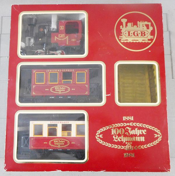 LGB 100 YEAR ANNIVERSARY SET: G ga, 2010 loco w/2 coaches, w/track, transformer & people, orig set box minor wear, C9.