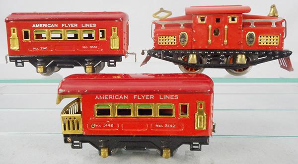 AMERICAN FLYER TRAIN SET: O ga, 3110 loco, die cast wheels fatigued, 3141 Pullman, 3142 obsv, w/track, orig set box worn w/old tape repairs, C7-8.